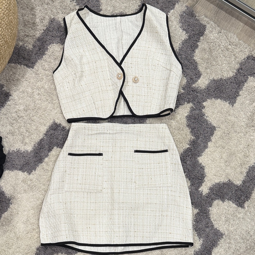 SHEIN Cream and Black Trim Mini Dress Set